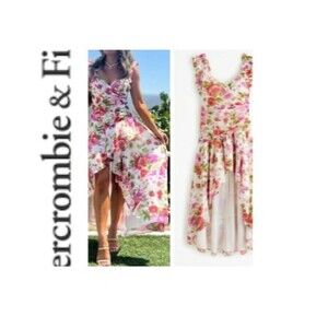 Abercrombie & Fitch FLORAL Ruffle Strap High-Low Maxi Dress Strawberry Sz M